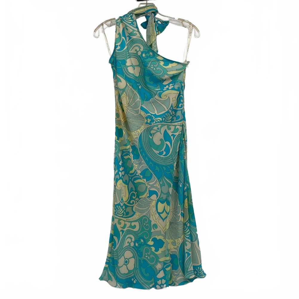 Karen Millen Blue Yellow Silk One Shoulder Halter Midi Dress | Women’s Size 8